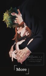  1boy 1girl black_jacket boku_no_hero_academia breasts brown_hair closed_eyes commentary english_commentary english_text freckles green_hair hand_on_own_chest hetero highres jacket large_breasts midoriya_izuku mu_1_2 open_mouth sleeveless sleeveless_turtleneck smile tearing_up tears turtleneck uraraka_ochaco watermark 