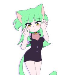  1girl :< animal_collar animal_ears animal_nose bell black_dress blunt_bangs blush breasts buttons cat_ears cat_girl cat_tail claw_pose closed_mouth collar collarbone commentary contrapposto cowboy_shot curled_fingers dress drop_shadow english_commentary expressionless furry furry_female gold_bell green_hair green_tail hands_up highres legs_together long_hair looking_at_viewer medium_breasts mimi_(wolfychu) neck_bell original puffy_short_sleeves puffy_sleeves purple_sleeves short_dress short_sleeves simple_background solo standing tail tsurime white_background wolfychu_(artist) yellow_eyes 