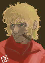  1boy abs amano_takumi bags_under_eyes blonde_hair brown_background cigar cobra_(space_adventure_cobra) colored_eyelashes colored_skin dirty dirty_face green_eyes grin hair_between_eyes jumpsuit large_pectorals light_smile long_sideburns looking_to_the_side messy_hair pectorals red_jumpsuit red_shirt shaded_face shirt short_hair sideburns signature skin_tight smile smirk space_adventure_cobra white_skin 