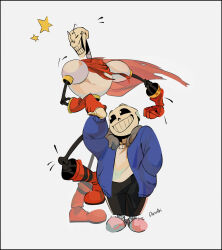  2018 2boys 2d armor artist_name black_border black_fur black_pants blue_jacket blue_shorts boots border brothers cape closed_eyes commentary darieari digital_media duo english_commentary fewer_digits full_body fur-trimmed_jacket fur_trim gloves hand_in_pocket height_difference hollow_eyes humanoid inactive_account jacket long_sleeves male male_focus male_only monster monster_boy multiple_boys open_clothes open_jacket pants papyrus_(undertale) pink_slippers red_boots red_cape red_gloves sans_(undertale) shirt shorts siblings simple_background single_vertical_stripe skeleton slippers socks standing star_(symbol) striped_pants teeth third-party_source undead undertale utdr_(toby_fox) vertical-striped_clothes vertical-striped_pants white_armor white_background white_shirt white_socks white_stripes 
