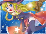  1girl aldiana bare_shoulders black_legwear black_panties blonde_hair blue_background blue_eyes braid broom broom_riding choker hat light_particles long_hair panties puyopuyo smile solo star starry_background thighhighs underwear witch_(puyopuyo) 