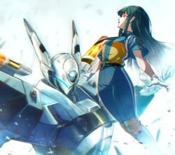  1girl assault_visor av-xo_type_zero belt black_belt blue_pants blue_shirt blue_visor commentary_request debris feet_out_of_frame floating_hair gloves green_hair green_necktie kanuka_clancy kidou_keisatsu_patlabor long_hair mecha necktie open_mouth outstretched_arms pants police police_uniform policewoman robot science_fiction shirt short_sleeves spread_arms tamago_tomato two-tone_shirt very_long_hair violet_eyes white_gloves yellow_shirt 
