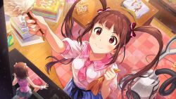  1girl amami_haruka blue_skirt brown_hair card_commentary character_figure closed_mouth commentary_request computer_mouse duster dusting figure game_cg holding holding_duster holding_rag idolmaster idolmaster_million_live! idolmaster_million_live!_theater_days indoors long_hair looking_up matsuda_arisa necktie official_art pink_necktie pink_sailor_collar red_eyes sailor_collar shirt short_sleeves skirt smile solo standing table third-party_source twintails white_shirt 
