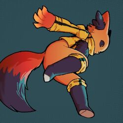  1girl animal_ear_fluff animal_ears black_boots black_fur boots closed_mouth fox_ears fox_girl fox_tail furry furry_female green_background grimms_notes high_collar jumping kung_fu_villain_(grimms_notes) orange_fur outstretched_arm protected_link red_fur solo sweater tail two-tone_tail yellow_sweater ymhrriku 