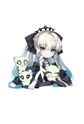  1girl akatsuki_hijiri black_bow black_dress black_thighhighs black_tiara blue_eyes blush bow braid con_(fate) dress fate/grand_order fate_(series) hair_between_eyes hair_bow half_up_braid highres long_hair long_sleeves looking_at_viewer morgan_le_fay_(fate) morgan_le_fay_(third_ascension)_(fate) ponytail simple_background spikes thigh-highs tiara two-tone_dress white_background 