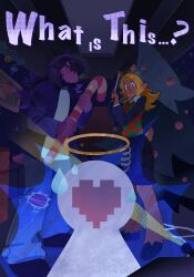  0ni91ri 2girls animal_ears antlers black_skirt blonde_hair brown_eyes brown_hair buck_teeth candy candy_cane cardigan christmas_ornaments christmas_tree closed_mouth colored_skin deer_ears deer_tail deltarune fake_halo food freckles furry furry_female hair_over_one_eye halo highres holding holding_candy holding_candy_cane holding_food horns indoors long_hair multiple_girls noelle_holiday open_cardigan open_clothes purple_cardigan purple_skin reindeer_antlers reindeer_girl scene_reference shirt skirt soul_(deltarune) standing susie_(deltarune) sweatdrop tail teeth utdr_(toby_fox) white_shirt 