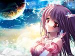  airi_(quilt) butterfly carnelian cloud jewelry long_hair moon necklace photoshop pink_hair plaid planet quilt_(game) red_eyes sky smile space sun twintails two_side_up wallpaper watermark 