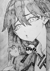  1girl absurdres amate_yuzuriha candy chronozbergh chupa_chups eyelashes food gundam gundam_gquuuuuux highres holding holding_candy holding_food holding_lollipop lollipop long_hair nyaan_(gundam_gquuuuuux) solo sweat traditional_media upper_body 
