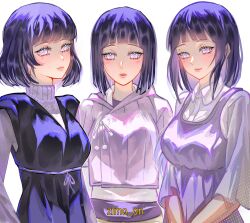  1girl absurdres apron artist_name black_dress blush bob_cut boruto:_naruto_next_generations boruto:_naruto_the_movie closed_mouth commentary dress english_commentary eyelashes highres hyuuga_hinata jacket jewelry light_smile looking_at_viewer medium_hair multiple_views naruto_(series) necklace parted_lips purple_apron purple_hair purple_jacket short_hair turtleneck turtleneck_dress upper_body violet_eyes white_background zimo_on 