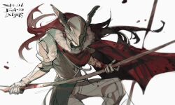 1girl armor artist_name blood blood_drop blood_on_clothes blood_on_weapon cape covered_eyes covered_mouth dated elden_ring fingerless_gloves floating_hair ga-o gloves gold_armor gold_helmet golden_sword helmet helmet_over_eyes highres long_hair malenia_blade_of_miquella red_cape red_hair shoulder_armor solo weapon white_background white_gloves winged_helmet 