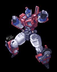  1boy black_background fire_convoy glowing glowing_eyes gwangchi highres humanoid_robot joints machine male_focus mecha optimus_prime robot robot_joints science_fiction solo super_robot transformers transformers:_car_robots wheel yellow_eyes 