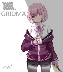  1girl black_skirt bow bowtie boxcutter breasts closed_mouth collared_shirt commentary copyright_name dated grey_pantyhose gridman_universe holding holding_boxcutter holding_phone jacket large_breasts long_sleeves looking_at_viewer pantyhose partially_unzipped phone pleated_skirt purple_bow purple_bowtie purple_hair purple_jacket red_eyes school_uniform shinjou_akane shirt short_hair skirt sleeves_past_wrists smile solo ssss.gridman tenten_(kitty) white_background white_shirt 