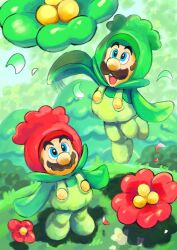  2boys :d arm_up blue_eyes brothers brown_hair bush closed_mouth commentary day facial_hair falling_petals flower flower_costume flower_luigi flower_mario grass green_flower green_overalls highres jumping luigi male_focus mario multiple_boys mustache official_alternate_costume open_mouth outdoors overalls petals red_flower short_hair siblings smile standing super_mario_bros. super_mario_bros._wonder teeth tree untranslatable_commentary upper_teeth_only white_flower yamari_(ya_mari_6363) 