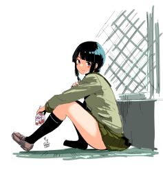  1girl black_hair black_socks blunt_bangs blush braid brown_shoes chain-link_fence closed_mouth commentary_request drink_carton fence green_sailor_collar green_serafuku green_shirt green_skirt hair_over_shoulder highres holding holding_drink_carton holding_milk_carton kantai_collection kitakami_(kancolle) kitakami_kai_(kancolle) kneehighs loafers long_hair long_sleeves looking_at_viewer milk_carton miniskirt mochisaka_mitsuki one_eye_closed pleated_skirt sailor_collar school_uniform serafuku shirt shoes sidelocks signature single_braid sitting skirt smile socks solo violet_eyes 