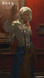  1boy absurdres airbrush anil_(reverse:1999) apron blue_capelet bottle brown_apron brown_eyes capelet closed_mouth copyright_name copyright_notice cowboy_shot dark-skinned_male dark_skin earrings hand_up highres jewelry logo long_hair looking_at_viewer male_focus neckerchief official_art official_wallpaper painting_(object) pulling_own_clothes red_neckerchief reverse:1999 shirt single_earring solo waist_apron white_hair white_shirt 