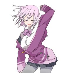  1girl arm_up bow bowtie breasts closed_eyes collared_shirt commentary grey_pantyhose gridman_universe highres himagosan jacket large_breasts long_sleeves open_mouth pantyhose partially_unzipped pleated_skirt purple_bow purple_bowtie purple_hair purple_jacket school_uniform shinjou_akane shirt short_hair skirt sleeves_past_wrists smile solo ssss.gridman white_background white_shirt 