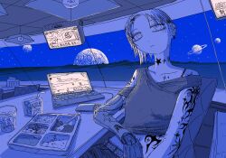  1girl absurdres blue_theme bra_strap chair computer cowboy_shot cropped_shirt denim drink_carton earrings elbow_on_table elbow_rest expressionless food glass_wall highres indoors jeans jewelry laptop looking_at_viewer mechanical_arms midriff neck_tattoo night off_shoulder on_chair original pants planet ryaw short_hair single_mechanical_arm sitting sky solo space star_(sky) starry_sky stomach_tattoo table tattoo tattoo_sleeve television tray 