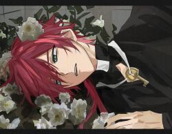 1boy black_shirt commentary derohrwurm12 flower green_eyes hair_between_eyes highres jewelry key key_necklace korean_commentary lauren_iroas lauren_iroas_(1st_costume) long_hair looking_to_the_side lying male_focus necklace nijisanji on_side open_mouth ponytail red_hair shirt solo teeth tile_wall tiles upper_body virtual_youtuber white_flower 