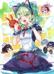  1boy 4girls @_@ absurdres angels_of_delusion animal_ear_hairband animal_ears aria_(discordant_note)_(zenless_zone_zero) aria_(zenless_zone_zero) arin_art bangboo_(zenless_zone_zero) bell belle_(zenless_zone_zero) black_dress black_hair black_shirt blue_eyes breasts cat_ear_hairband cat_ears closed_eyes dress earrings fake_animal_ears fang food ghost_hair_ornament gloom_(expression) green_eyes green_hair green_nails grey_hair hair_ornament hairband hairclip halo highres holding jacket jewelry ketchup_bottle maid maid_headdress multiple_girls nangong_yu nangong_yu_(rhapsody's_muse) neck_bell official_alternate_costume omelet omurice open_mouth pink_hair puffy_short_sleeves puffy_sleeves purple_halo red_eyes shirt short_sleeves skin_fang sunna_(afternoon_tea_break)_(zenless_zone_zero) sunna_(zenless_zone_zero) sweatdrop taking_picture white_wings wings wise_(zenless_zone_zero) zenless_zone_zero 