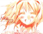  1girl :d alice_margatroid blush character_name closed_eyes engrish face hairband monochrome open_mouth orange_(color) orimoto_asami ranguage short_hair smile touhou wallpaper 