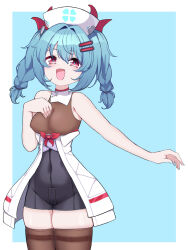  1girl :d absurdres bare_shoulders blue_hair blush braid breasts coat colphne_(girls'_frontline_2) colphne_(silent_heart)_(girls'_frontline_2) covered_navel girls'_frontline_2:_exilium girls_frontline hair_between_eyes hair_ornament hairclip hand_on_own_chest hand_up happy hat highres looking_at_viewer medium_breasts nurse_cap outstretched_arm panatisia red_eyes skindentation sleeveless small_breasts smile solo standing thigh-highs thighs twin_braids twintails white_coat 