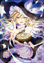  1girl alto2019 apron black_hat black_skirt black_vest blonde_hair bow braid commentary_request commission frilled_skirt frills hair_bow hat hat_bow highres holding kirisame_marisa long_hair looking_at_viewer mini-hakkero open_mouth puffy_short_sleeves puffy_sleeves qr_code short_sleeves side_braid single_braid skirt smile solo touhou very_long_hair vest waist_apron watermark white_apron white_bow witch_hat yellow_eyes 
