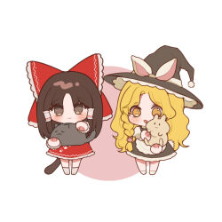  2girls animal apron black_skirt black_vest blonde_hair bow braid brown_eyes brown_hair cat cat_girl cat_tail chibi chibi_only chinese_commentary closed_mouth commentary_request frilled_bow frilled_hair_tubes frills full_body hair_bow hair_tubes hakurei_reimu hat hat_with_ears highres holding holding_animal iwakoo kemonomimi_mode kirisame_marisa long_hair looking_at_viewer multiple_girls petting rabbit rabbit_girl rabbit_tail red_bow red_skirt side_braid single_braid skirt tail touhou vest white_apron witch_hat 