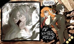  1other 2girls ahab_(project_moon) black_coat black_hair black_necktie black_suit bow clock coat collared_shirt dante_(limbus_company) english_text fire gameplay_mechanics gasharpoon_(e.g.o) gloves grey_hair hair_bow headband highres index_(identity)_(project_moon) ishmael_(project_moon) limbus_company long_hair mcnauru missing_eye multiple_girls necktie object_head orange_hair profanity project_moon red_necktie shirt suit white_gloves white_shirt yi_sang_(project_moon) 