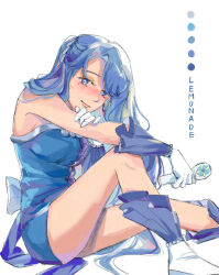  1girl anklet arm_on_knee artist_name back_bow bare_legs bare_shoulders bead_anklet bead_bracelet beads blue_boots blue_bow blue_dress blue_eyes blue_gloves blue_hair boots bow bracelet bright_pupils closed_mouth color_guide commentary dress eyelashes foot_out_of_frame frilled_boots frilled_gloves frills gloves hair_spread_out hand_on_own_arm happy idol jewelry knee_up knees lipstick long_hair magical_girl makeup mermaid_melody_pichi_pichi_pitch mole mole_under_eye multicolored_boots multicolored_gloves noel_(mermaid_melody_pichi_pichi_pitch) nostrils pendant_earring pink_lips pointy_nose realemonade short_dress simple_background sitting smile solo strapless strapless_dress thighs two-tone_boots two-tone_gloves very_long_hair wavy_hair white_background white_boots white_gloves white_pupils 