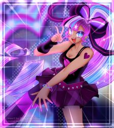  1girl asymmetrical_legwear belt blue_nails bow bracelet cookie_run:_kingdom estrotengen eyelashes glitter glitter_in_hair hair_ornament heart heart_on_cheek heart_tattoo kyunika long_hair makeup multicolored_hair nail_polish peace_symbol pink_hair pink_nails ponytail shining_glitter_cookie skirt smile stockings 