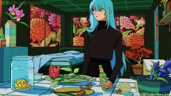  1girl aqua_hair artist_name bed black_sweater blanket blue_eyes bottle cigarette commentary_request cooking_pot cup dated drink_carton drinking_glass film_grain flower glass_jar highres holding holding_bottle hyperbencher indoors long_hair long_sleeves looking_to_the_side original parted_lips pillow pink_flower plant plate potted_plant red_flower red_rose rose shelf solo standing straight_hair sweater turtleneck turtleneck_sweater very_long_hair window wine_glass 