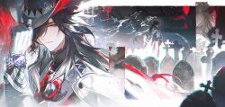  1boy adjusting_clothes adjusting_headwear ashveil_(honkai:_star_rail) black_hair branch bright_pupils commentary crescent crescent_pin earrings gloves gradient_hair graveyard grey_eyes hat highres honkai:_star_rail honkai_(series) jacket jewelry lapel_pin long_hair male_focus multicolored_hair necklace renjian_shilian ring single_earring single_glove tombstone tooth_necklace turtleneck untranslatable_commentary very_long_hair watch watch 