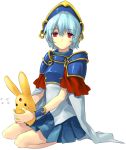  1girl arle_nadja arle_nadja_(cosplay) armor armored_dress ayanami_rei blue_hair cape carbuncle_(puyopuyo) cosplay expressionless hairband kneeling neon_genesis_evangelion puyopuyo red_eyes short_hair skirt solo tonykun white_background 