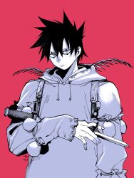  1boy absurdres antennae black_hair combat_knife compound_eyes cross cross_facial_mark cross_tattoo dokuga dorohedoro drawstring facial_mark facial_tattoo greyscale greyscale_with_colored_background highres holding holding_knife hood hoodie knife knife_sheath looking_at_viewer male_focus manabu_yashiro monochrome moth_antennae red_background sheath short_hair simple_background solo spiky_hair tattoo upper_body weapon white_hoodie 