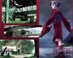  brown_hair building floating forest geta house japanese_clothes kimono kurame kusari-hime_euthanasia kusari_hime:_euthanasia looking_back nature ponytail slit_pupils solo stare tengu-geta wallpaper 