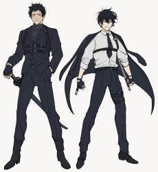  2boys black_boots black_coat black_gloves black_hair black_necktie black_pants black_suit boots brown_eyes chest_harness coat full_body gloves grey_eyes harness hibari_kyouya highres iash katana katekyo_hitman_reborn large_pectorals looking_at_viewer male_focus messy_hair multiple_boys muscular muscular_male necktie pants pectoral_cleavage pectorals shirt short_hair simple_background smirk spiky_hair suit sword thigh_strap tonfa weapon white_background white_shirt yamamoto_takeshi 