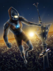  1boy absurdres aircraft airplane alien blue_sky city cityscape clenched_hands color_timer colored_skin commentary compound_eyes dorsal_fin english_commentary fighter_jet flying full_body giant giant_male glowing glowing_eyes gradient_eyes highres jet_vtol_(ultraman) leg_up lens_flare light_particles looking_ahead male_focus midair military_vehicle multicolored_eyes multicolored_skin no_pupils outdoors pectorals radio_tower red_skin silver_skin sky skyline solo sunrise tokusatsu toned toned_male tower two-tone_skin ultra_series ultraman ultraman_(1st_series) white_eyes yellow_eyes yoshifuto 