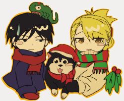  1boy 1girl anger_vein biting biting_head black_eyes black_hair black_hayate black_mittens blonde_hair blue_coat blush_stickers brown_eyes chibi chibi_only coat dog earrings frown fullmetal_alchemist green_scarf hair_between_eyes hat highres jewelry light_smile lizard medium_hair mistletoe mittens open_mouth parted_bangs r1moo red_mittens red_scarf riza_hawkeye roy_mustang santa_hat scarf short_hair single_blush_sticker smile striped_clothes striped_scarf stud_earrings sweatdrop swept_bangs updo upper_body white_background yellow_coat 