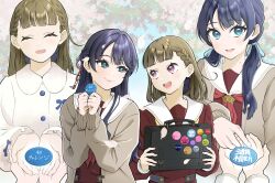  2girls ^_^ badge blue_eyes blue_hair blush briefcase brown_cardigan brown_dress button_badge cardigan closed_eyes closed_mouth collared_shirt commentary_request dollchestra dress eye_contact falling_petals half-closed_eyes hasu_no_sora_school_uniform highres holding holding_badge holding_briefcase kachimachi_kosuzu kachimachi_kosuzu_(winter_loungewear) link!_like!_love_live! llkapital long_sleeves looking_at_another love_live! mole mole_on_neck multiple_girls multiple_views murano_sayaka neckerchief open_cardigan open_clothes open_mouth petals pink_eyes pink_petals raised_inner_eyebrows red_neckerchief revision rounded_collar sailor_collar sailor_dress school_briefcase school_uniform shirt smile split_mouth teeth translation_request upper_teeth_only virtual_youtuber white_sailor_collar white_shirt winter_uniform yellow_neckerchief 