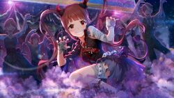  3girls 4boys bandaged_arm bandaged_hand bandages boots brown_hair card_commentary claw_pose commentary_request demon_horns fingernails game_cg grin horns idolmaster idolmaster_million_live! idolmaster_million_live!_theater_days lace-up_boots long_hair matsuda_arisa multiple_boys multiple_girls nail_polish official_art outstretched_arms red_eyes skirt smile smoke studded_thigh_strap thigh_strap third-party_source torn_clothes torn_skirt twintails white_boots zombie zombie_pose 