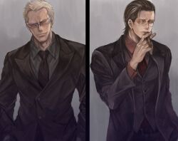  2boys arisue_kanako black_hair black_jacket black_necktie blonde_hair cigar collared_shirt commentary_request crocodile_(one_piece) donquixote_doflamingo earrings hair_slicked_back jacket jewelry looking_at_viewer male_focus mature_male multiple_boys necktie one_piece shirt short_hair smoking stitched_face stitches tinted_eyewear 