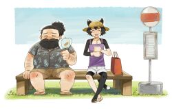  1boy 1girl animal_ears arm_hair bag beard bench black_fur black_hair black_shirt brown_shorts bus_stop cat_ears cat_girl cat_tail closed_eyes contemporary cup disposable_cup dungeon_meshi dwarf facial_hair fanning_face grass hand_fan hat hawaiian_shirt highres holding holding_fan izutsumi mustache ponytail ppp1689780 senshi_(dungeon_meshi) shirt shopping_bag short_hair shorts sitting straw_hat sweat tail tongue tongue_out white_shorts wooden_bench 