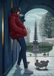  1girl absurdres bird black_eyes black_hair blue_pants breath bush carbo_nara39 denim down_jacket from_side full_body grey_shoes hands_in_pockets highres jacket jeans long_sleeves original outdoors pants pigeon profile red_jacket shoes sneakers solo tree 