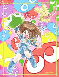  1girl 2004 :d arle_nadja arm_up blob boots brown_eyes brown_hair carbuncle_(puyopuyo) creature happy highres isedaichi_ken open_mouth puyo_(puyopuyo) puyopuyo short_hair signature skirt smile wrist_cuffs 