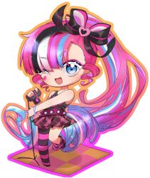 1girl asymmetrical_legwear belt bow bracelet chibi cookie_run cookie_run:_kingdom eyelashes glitter glitter_in_hair hair_ornament heart heart_on_cheek heart_tattoo holding holding_microphone holding_microphone_stand long_hair looking_at_viewer makeup microphone microphone_stand multicolored_hair one_eye_closed one_leg_raised pink_hair ponytail shining_glitter_cookie simple_background skirt smile stockings tank_top