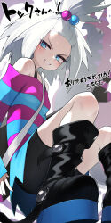  1girl bare_shoulders black_shorts blue_dress blue_eyes boots breasts dress forehead grin hair_bobbles hair_ornament highres hizake_mozu knee_boots long_hair looking_at_viewer off-shoulder_dress off_shoulder platform_boots pokemon pokemon_(creature) pokemon_bw2 purple_dress roxie_(pokemon) scolipede shorts small_breasts smile striped_clothes striped_dress topknot translation_request white_hair 