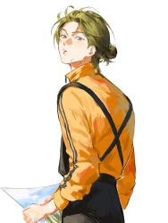  1boy apron black_apron commentary english_commentary face_piercing green_eyes green_hair hair_bun highres holding_painting hyamgood jacket lip_piercing male_focus mole mole_under_eye orange_jacket original painting_(object) piercing short_hair simple_background solo striped_sleeves white_background zipper_pull_tab 