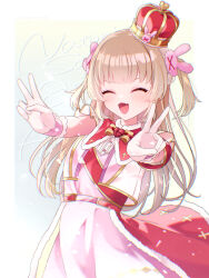  1girl :d ^_^ brown_hair cape closed_eyes commentary_request cowboy_shot crown double_v dress facing_viewer fang fur-trimmed_cape fur_trim hair_ornament haruka_momo highres long_hair mini_crown natori_sana natori_sana_(sana_channel_king) open_mouth pink_dress rabbit_hair_ornament red_cape sana_channel smile solo standing two_side_up v virtual_youtuber 