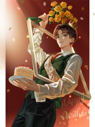  1boy birthday_cake black_pants border bouquet brown_hair cake closed_mouth collared_shirt cowboy_shot crown eren_yeager flower food green_eyes green_vest happy_birthday highres holding holding_bouquet holding_cake holding_food holding_picture_frame looking_at_viewer male_focus mini_crown necktie pants parted_bangs picture_frame pillarboxed red_background red_necktie rose sash shingeki_no_kyojin shirt short_hair smile solo twitter_username vest waistcoat white_border white_sash white_shirt yabi_oblivion yellow_flower yellow_rose 