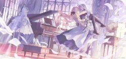 1boy 1girl antenna_hair apron black_dress black_thighhighs blonde_hair boots bow carrying chinese_commentary commentary_request dress est_gealach_arnotts flower full_body hair_bow high_heels highres hug instrument long_hair maid maid_headdress piano princess_carry ribbon sakurakouji_saika thigh-highs trap tsuki_ni_yorisou_otome_no_sahou_2 umehara_sei white_hair 